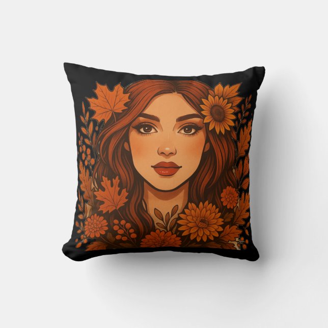 Almofada Autumn Muse - Mulher com Flores de Queda (Frente)