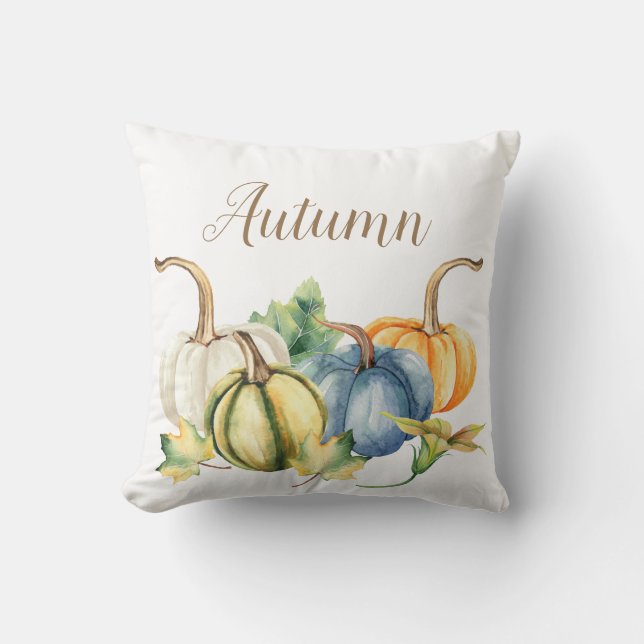 Almofada Autumn Watercolor Pumpkin Azul Branco Verde Verde (Frente)