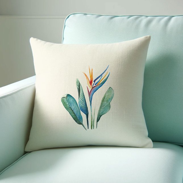 Almofada Ave Aquarela do Paraíso (Tropical decor bird of paradise pillow watercolor art by Victoria Grigaliunas Do Tell A Belle)