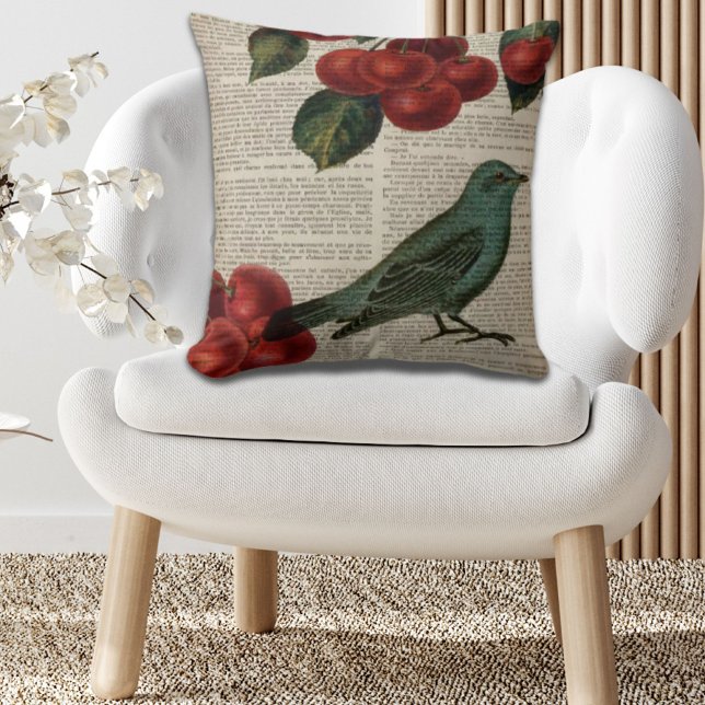 Almofada ave francesa retro botanical red cherry (french country bird retro botanical red cherry throw pillow)
