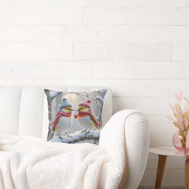 Almofada Aves De Inverno Com Coração Vermelho (Sofá)