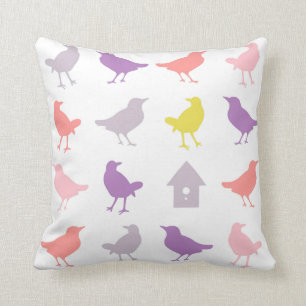 Almofada Aves de Pastel, rosa e roxo, com casa de aves