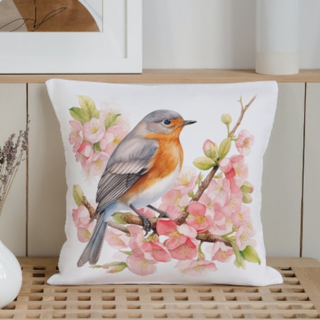 Almofada Aves de Primavera de Aquarelas e Blooms (Criador carregado)