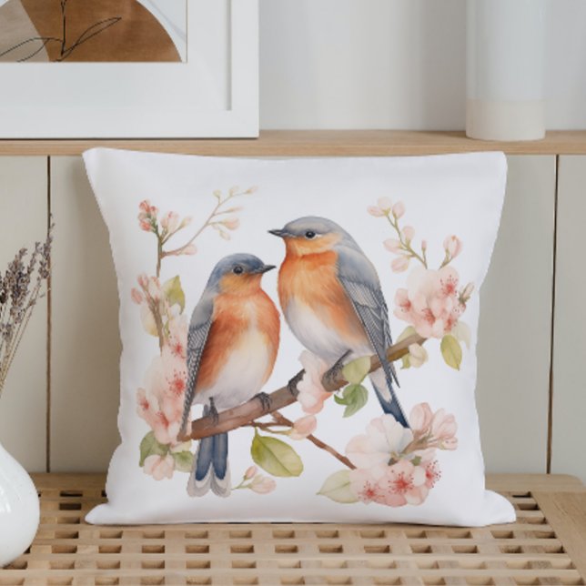Almofada Aves de Primavera de Aquarelas e Blooms (Criador carregado)