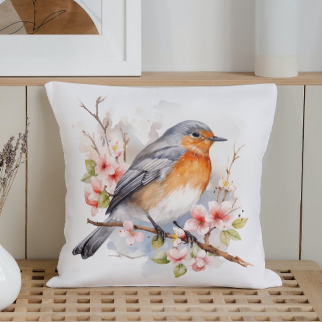 Almofada Aves de Primavera de Aquarelas e Blooms (Criador carregado)
