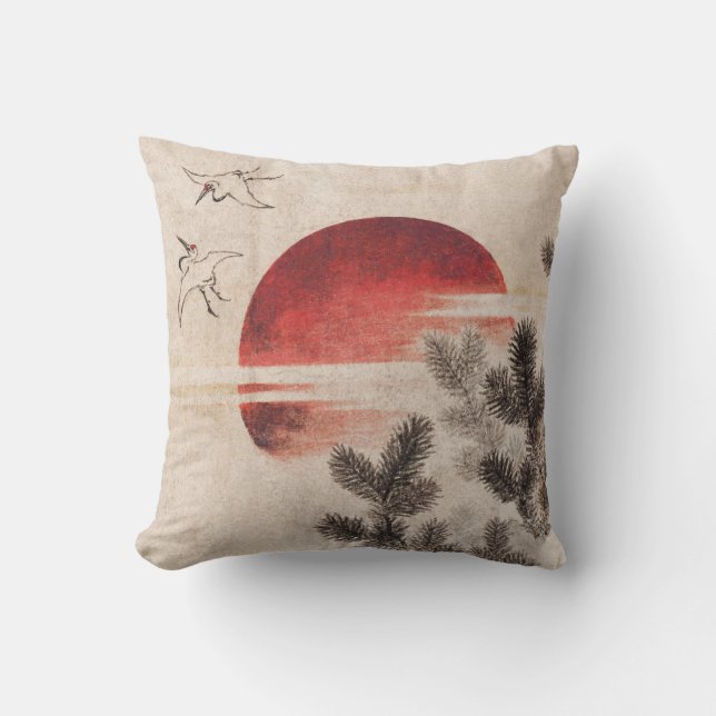 Almofada Aves e Sunset por Katsushika Hokusai (Frente)