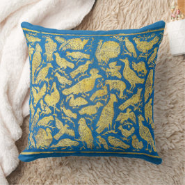 Almofada Aves Exóticas Douradas em Azul Turquesa Vintage