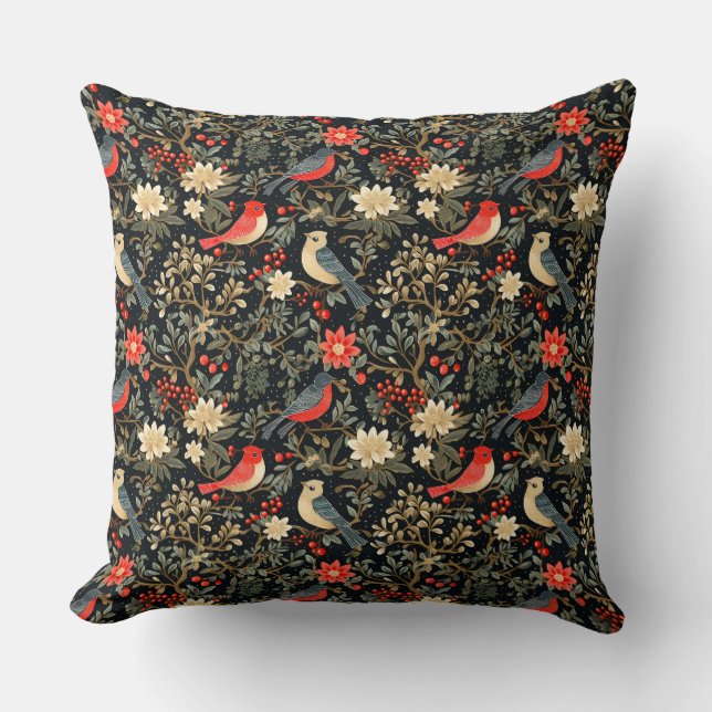 Almofada Aves Festivas Elegantes e Vermelho Natal Floral (Frente)