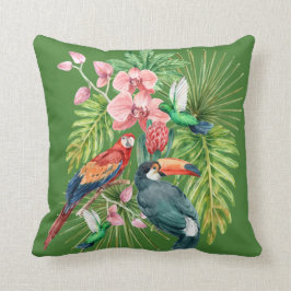Almofada Aves tropicais exóticas flores verdes brancas
