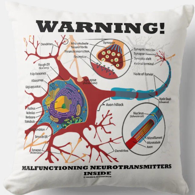 Almofada Aviso! Neurotransmissores com funcionamento defici (Throw pillow featuring neuron/synapse along with the funny biopsychology saying)