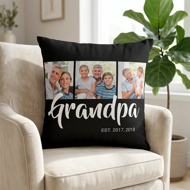 Almofada Avô Estabeleceu o Moderno Script Preto 3 Foto (Grandpa Established Modern Script Black 3 Photo Throw Pillow)