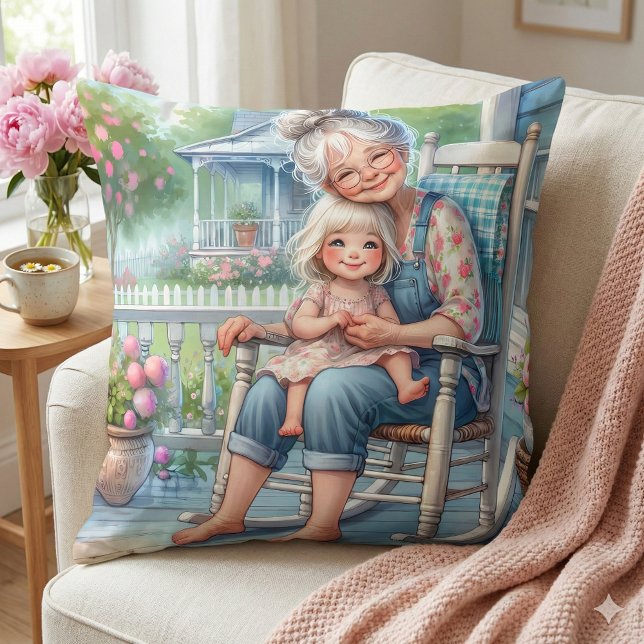 Almofada Avó Netos Abraço no Alpendre (Grandmother Granddaughter Porch Embrace Throw Pillow Mockup A)