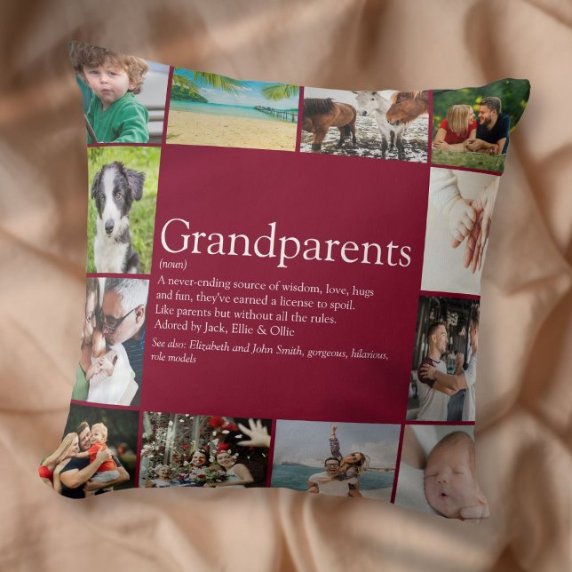 Almofada Avós Diversão Moderno Colagem de Fotos Burgundy (Grandparents Fun Modern Photo Collage Burgundy Throw Pillow)