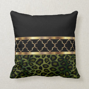 Almofada Azeite verde, Preto e Dourado Quatrefoil e Leopard