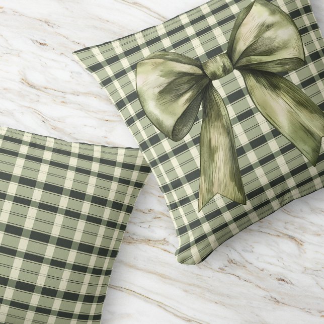 Almofada Azeitona Xadrez verde, Arco moderno russo (Green Plaid Bow Modern Rustic Farmhouse Olive Throw Pillow)