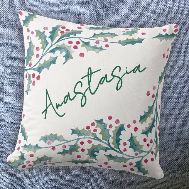 Almofada Azevinho do Mês de Nascimento Personalizado de Dez (December birthday personalized custom name birth month flower holly throw pillow)