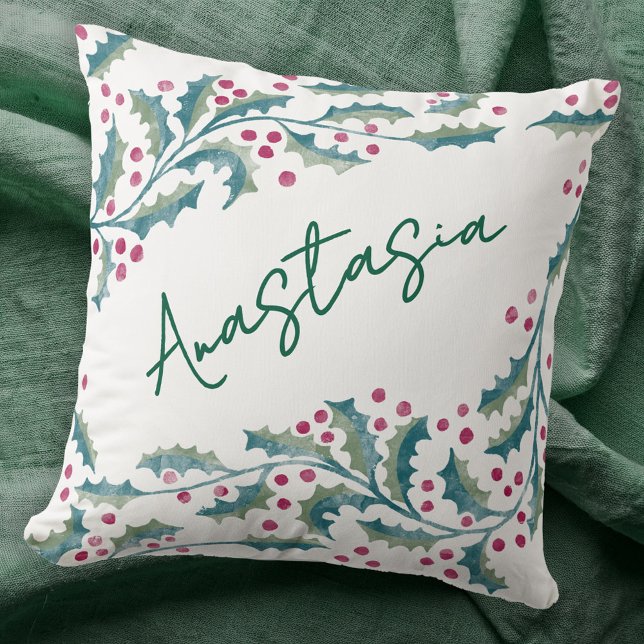 Almofada Azevinho Personalizado do Mês de Nascimento de Dez (December birthday personalized custom name birth month flower holly throw pillow)