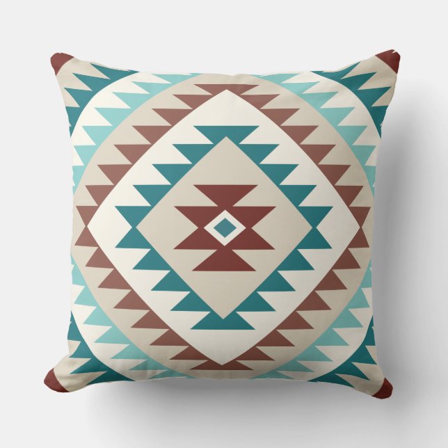 Almofada Aztec Diamond Motif Design Teals Creams Browns (Frente)