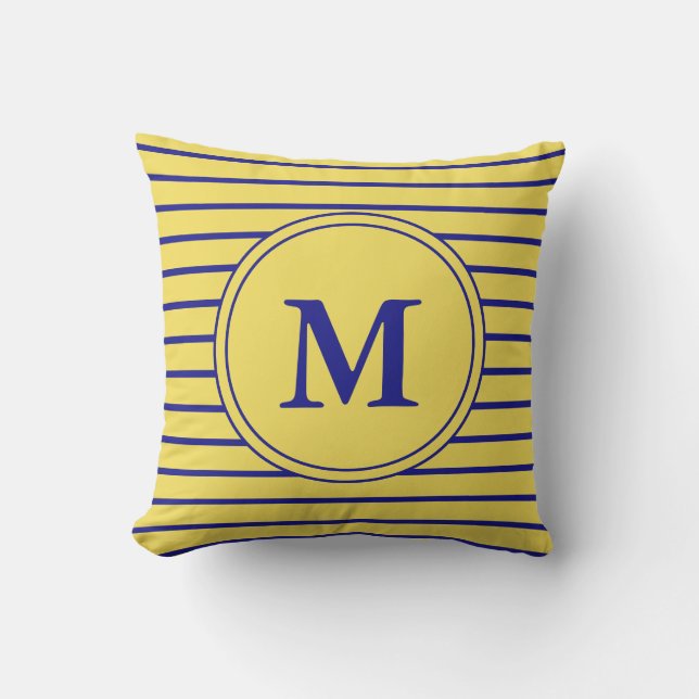 Almofada Azuis marinhos Monogrammed e teste padrão listrado (Frente)
