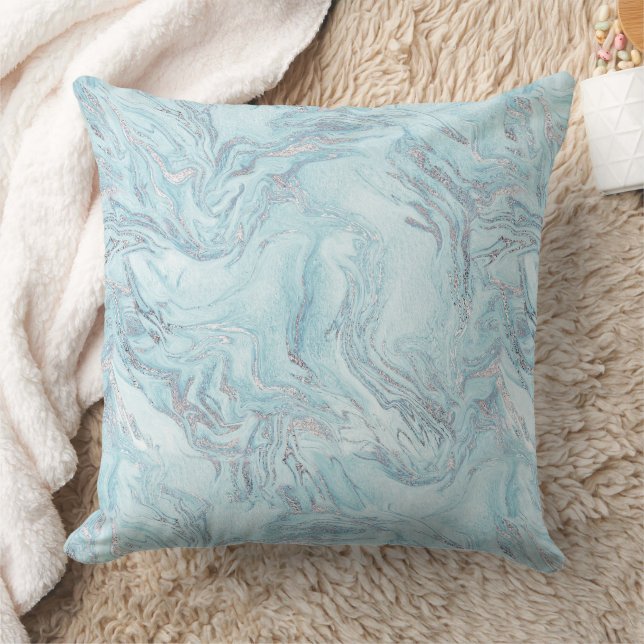 Almofada Azul Aqua Silver Marble Swirls (Cobertor)