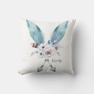 Almofada Azul Boho Boêmio Chic Flechas Pena Floral