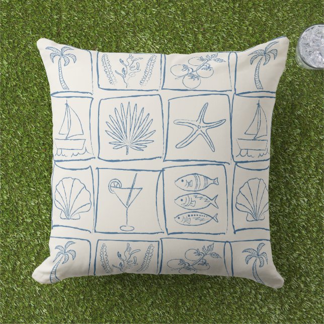 Almofada Azul Cobalto de Linho com Azulejo Costeiro Mediter (Grama)