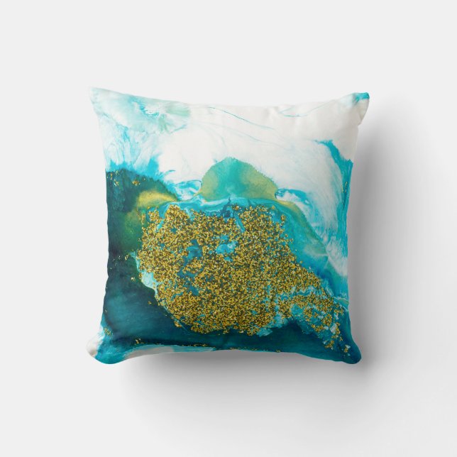 Almofada Azul com arte fluida com brilho dourado, abstração (Frente)
