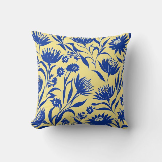 Almofada Azul Cornflower Moderno Floral Amarelo (Frente)