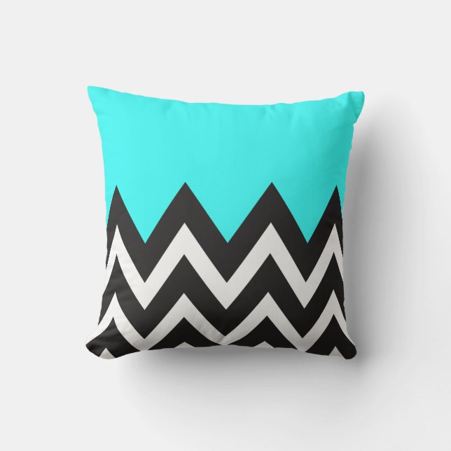 Almofada Azul da hortelã com Chevron preto e branco (Frente)