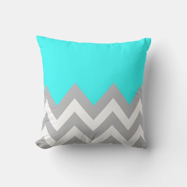 Almofada Azul da hortelã com o Chevron cinzento e branco (Frente)