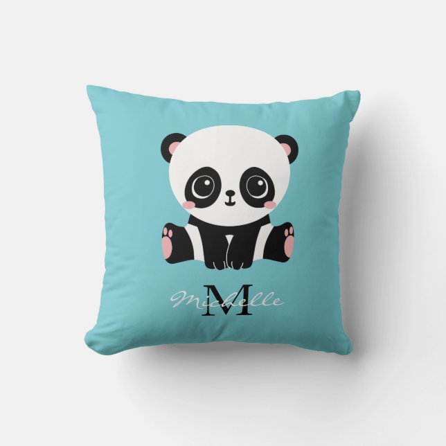 Almofada Azul de bolha personalizada Panda branca monograma (Frente)