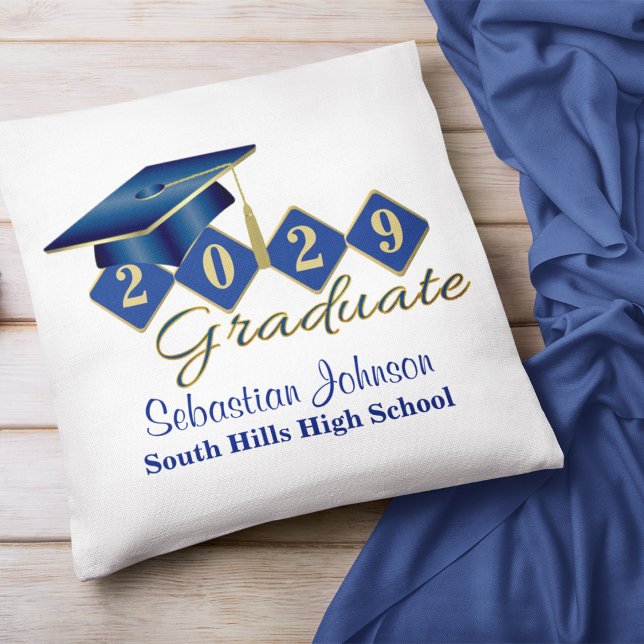 Almofada Azul de Graduação Personalizado e Dourado (Personalized Graduation Blue & Gold Throw Pillow)