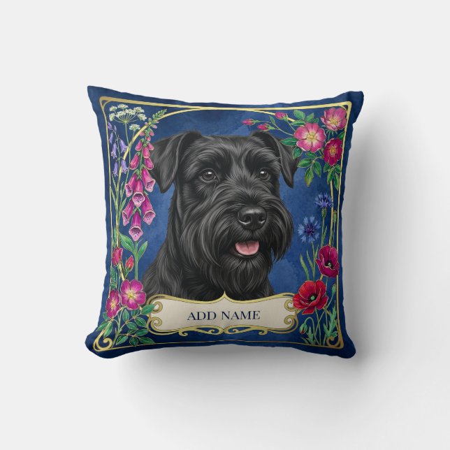 Almofada Azul de Schnauzer Preto Personalizada (Frente)