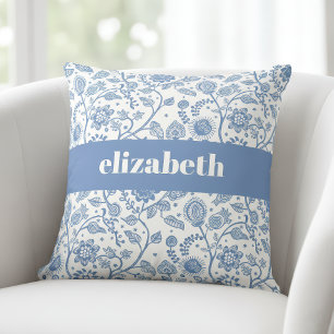 Almofada Azul e Branco Floral Botânico Nome Personalizado M