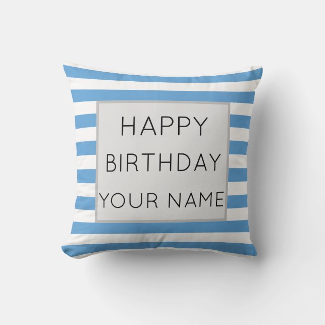 Almofada Azul E Branco Listrado Feliz Aniversário (Frente)