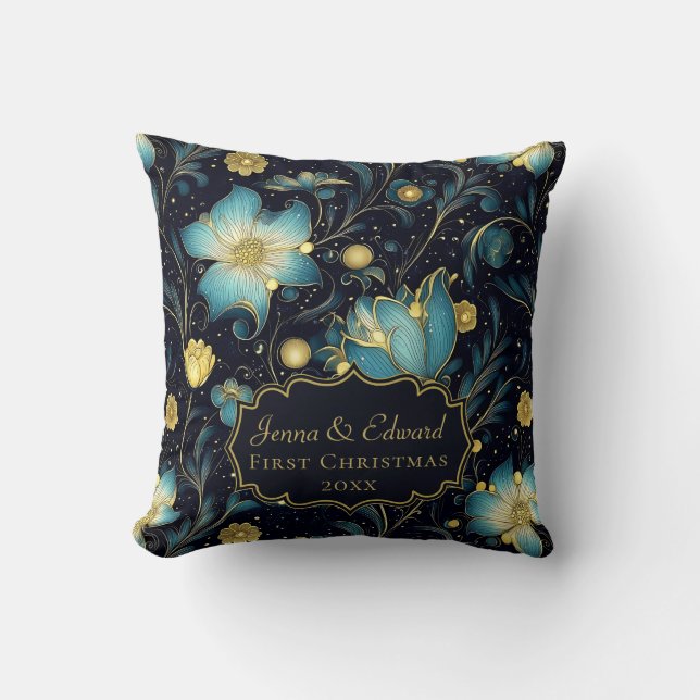 Almofada Azul e Dourado Floral de meia-noite elegante perso (Frente)