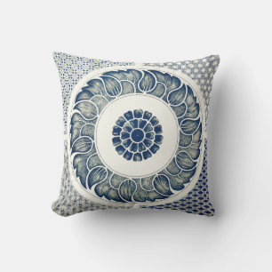 Almofada Azul Floral Chinês Redondo Branco