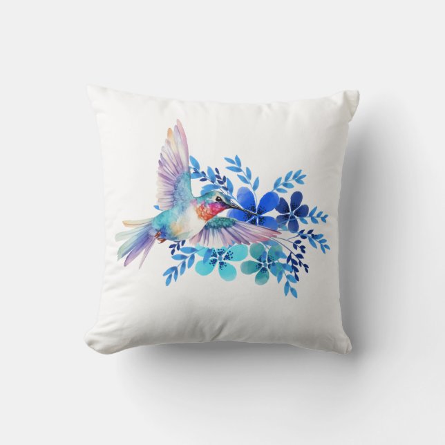 Almofada Azul Floral Hummingbird Decoração Aquarela (Frente)