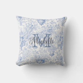 Almofada Azul, francês Toile de Jouy Monograma Nome inicial