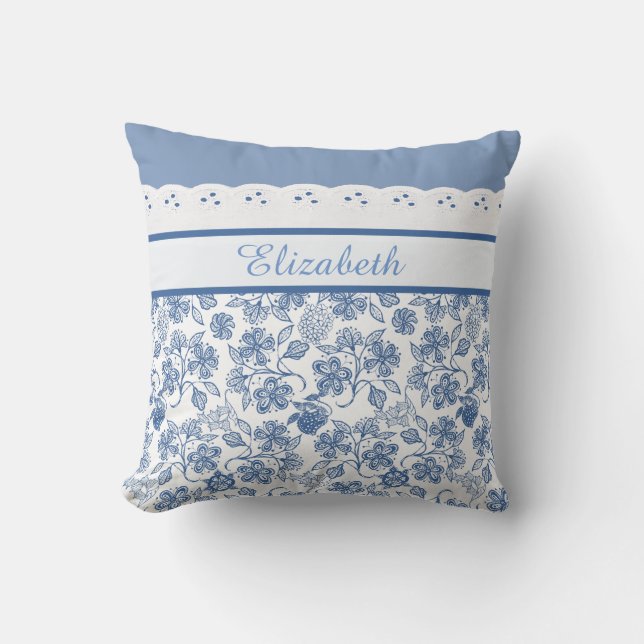 Almofada Azul Indigo Personalizado e Lace Faux Floral Branc (Frente)