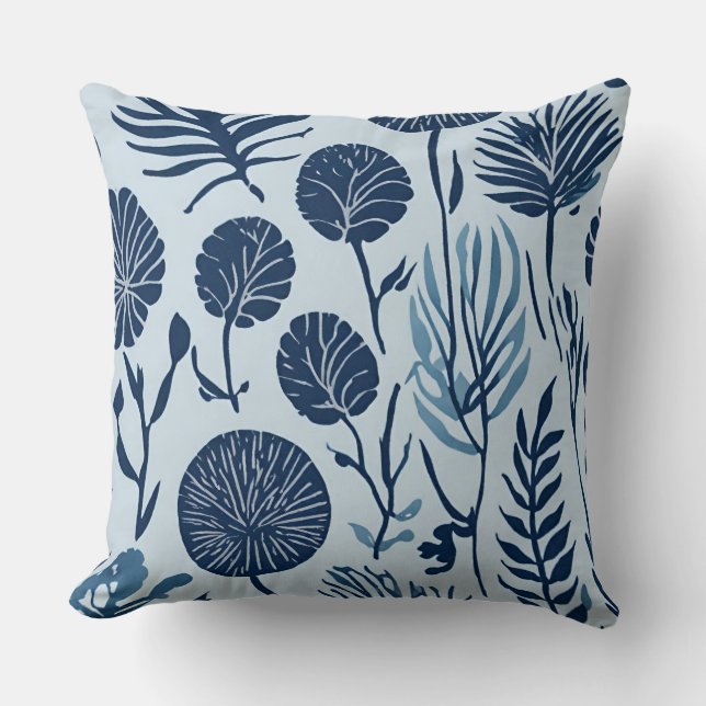 Almofada Azul Marinho Azul Claro Impressão Floral Botânica (Frente)