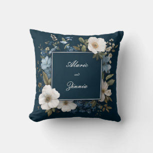 Almofada Azul Marinho Branco Floral Moderno Quadro Quadrado