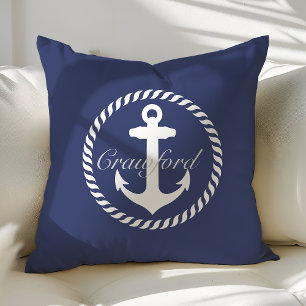 Almofada Azul Marinho e Branco Préppy Âncora Náutica Monogr