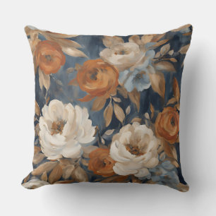 Almofada Azul Marinho Laranja Queimada Floral Aquarela