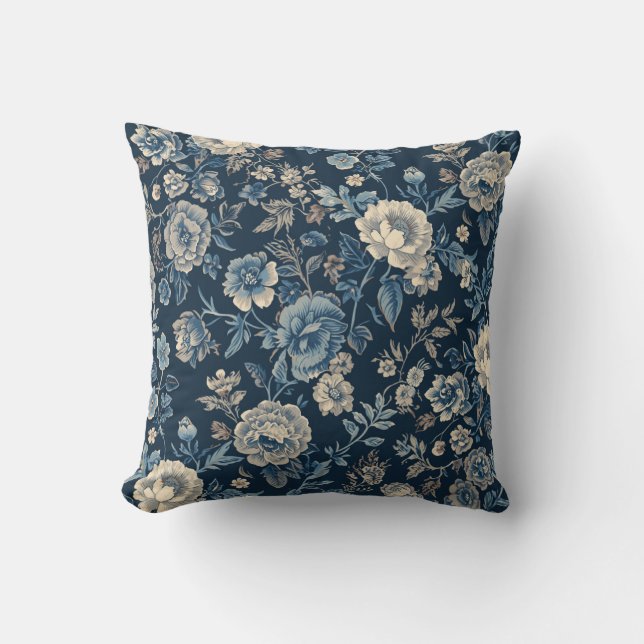 Almofada Azul Marinho Padrão Floral Botânico Vintage (Frente)