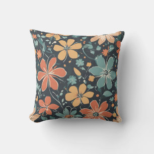 Almofada Azul Moderno Vibrante, Laranja, Flores Amarelas. R