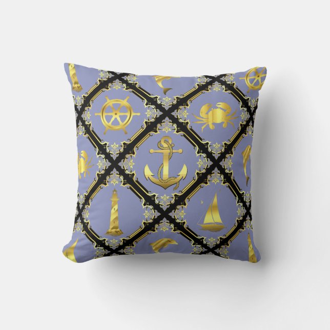 Almofada Azul náutico/ouro/golfinho/veleiro/âncora/carangue (Frente)