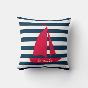 Almofada Azul Naval Listra Branca Monograma Barco Vermelho