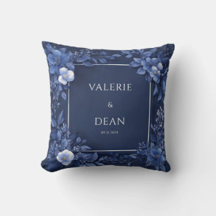 Almofada Azul Naval Monocromático Floral Escultural Quadrad