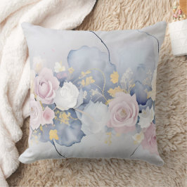 ALMOFADA AZUL PASTEL COM FLORES DE ROSA ROSA & BRANCA